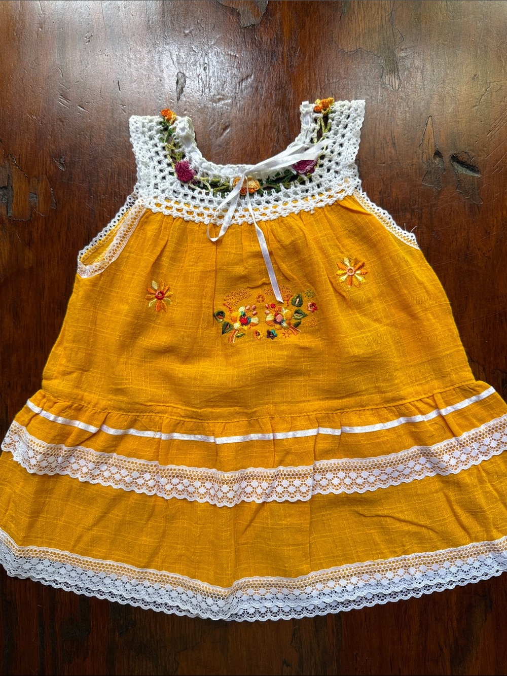 Girls' Dress with Crochet Neckline and Colorful Embroidered Flowers